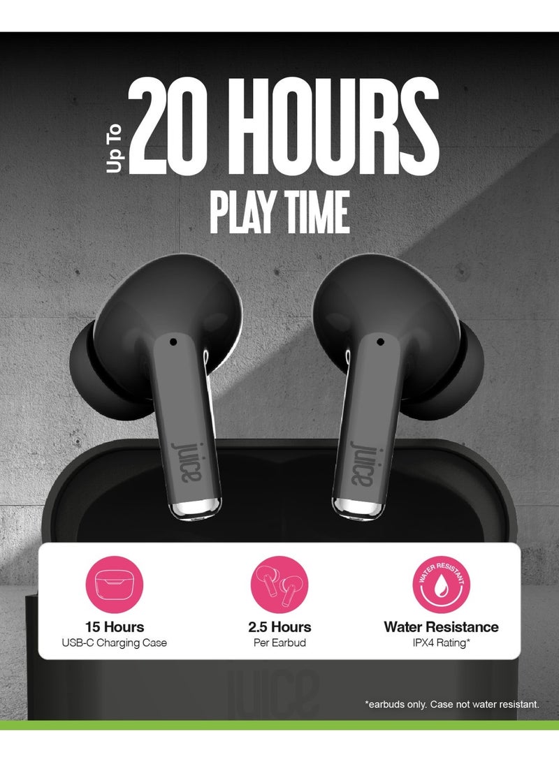 جوس سماعات أذن لاسلكية Juice¬Æairphones Go True، وقت تشغيل يصل إلى 5 ساعات، علبة شحن لاسلكية، صوت غني وواضح وقوي، أدوات تحكم باللمس متعددة الوظائف، بلوتوث V5، IPX4، ملمس ناعم - أسود - Image 3